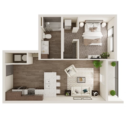 Floor plan for 1 bed, 1 bath, 601 sqft